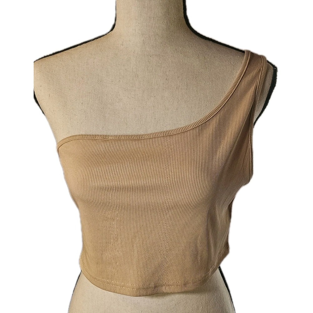 Legacy Status One Shoulder Cropped Ribbed Tank Top Beige Womens Y2K Retro L